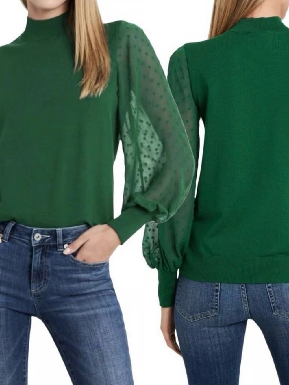 Cece Emerald Green Mock Neck Sweater with Sheer Dot Sleeve, Size M